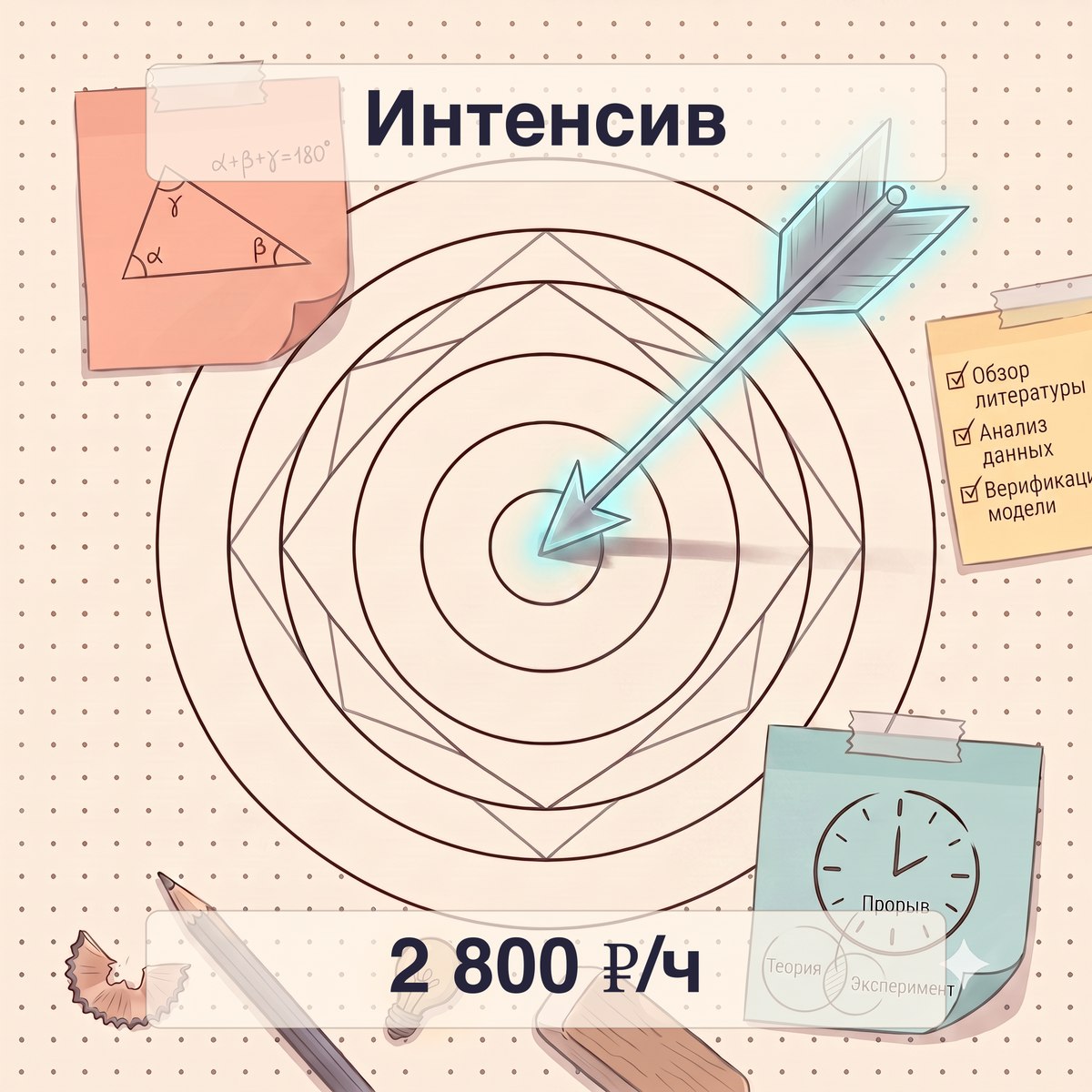 Карточка услуги «Интенсив»: мишень со стрелой в центре на клетчатом листе, рядом стикер с часами и циркуль, внизу цена 2800 рублей в час