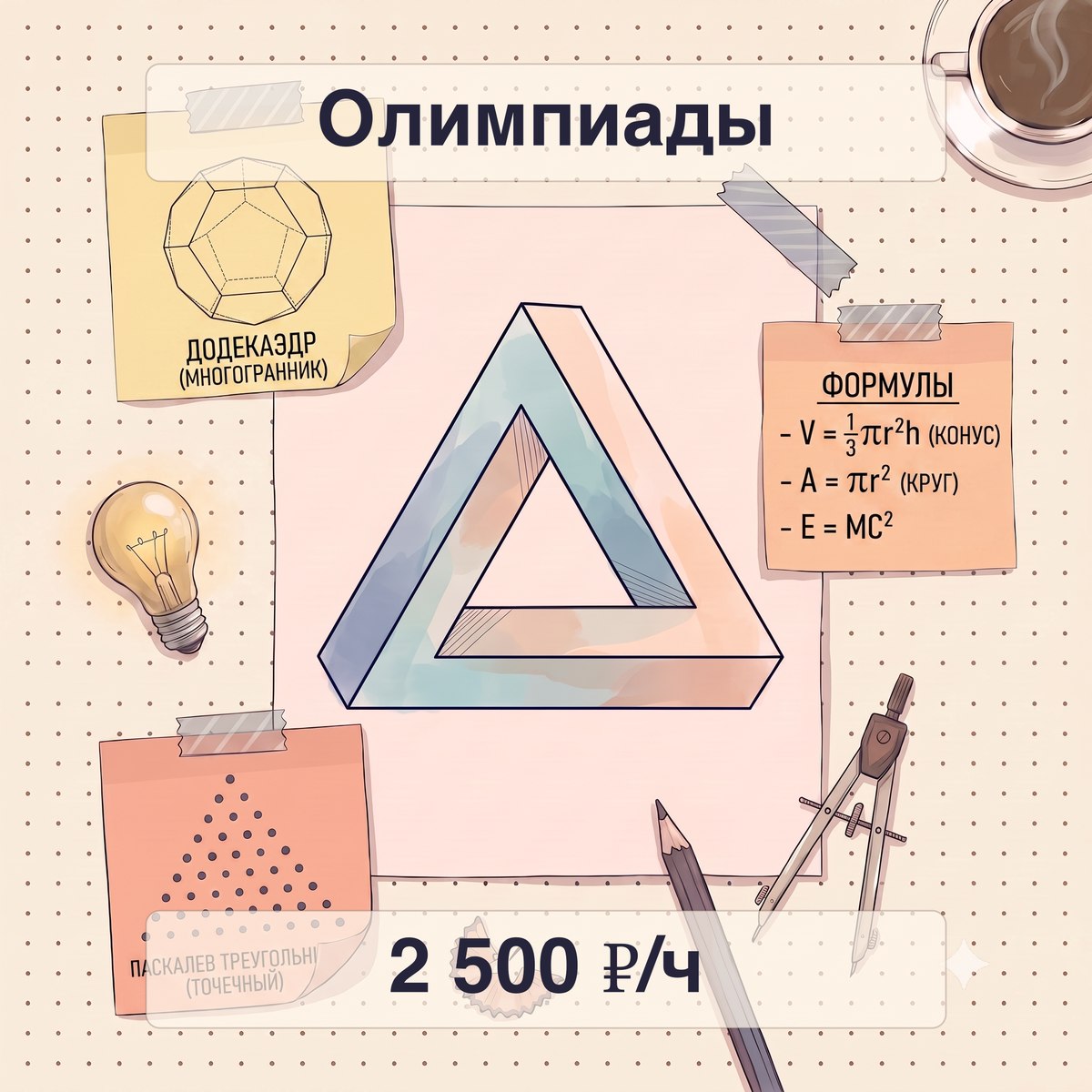 Карточка услуги «Олимпиады»: невозможный треугольник Пенроуза на листе, рядом стикеры с додекаэдром и формулами, внизу цена 2500 рублей в час